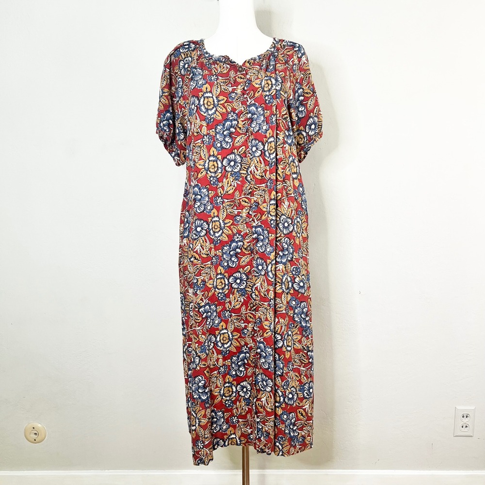 Faherty Floral Maxi Dress Red Button Front Short‎ Sleeve Carmel Linen Blend XS